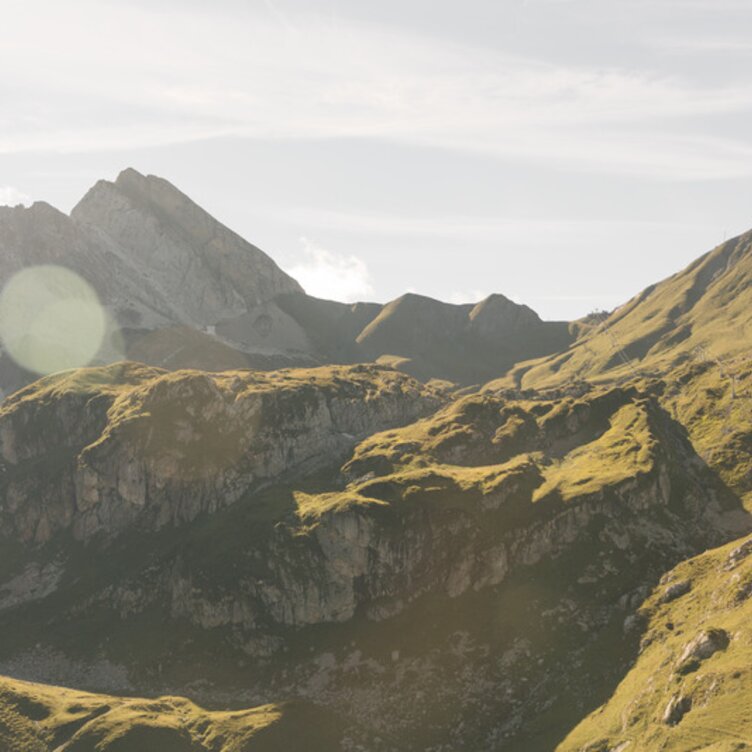 Grüne Hügel und Berge im Sonnenlicht mit Linseneffekten.