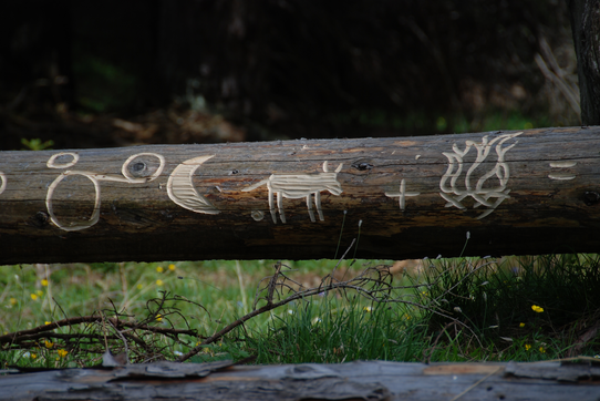 Ein Holzstamm mit geschnitzten Symbolen: Kreis, Halbmond, Tier und Feuer.