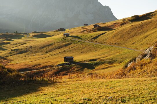 Sanfte Hügel und Hütten in einer herbstlichen Berglandschaft.