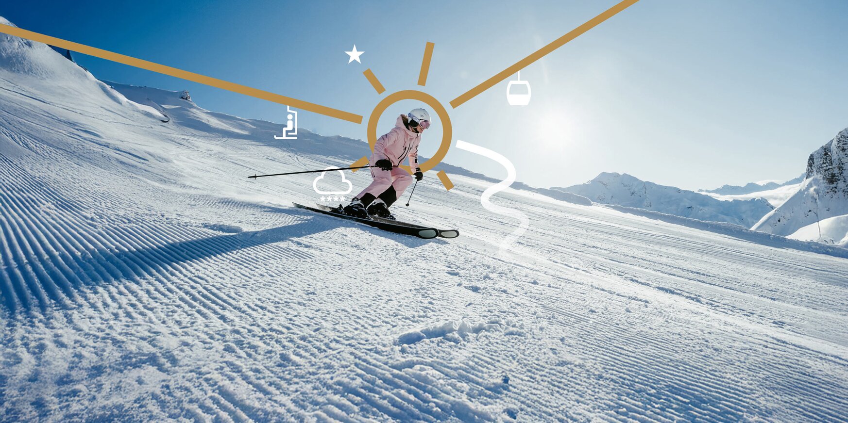 Skier on a groomed slope on a sunny day.