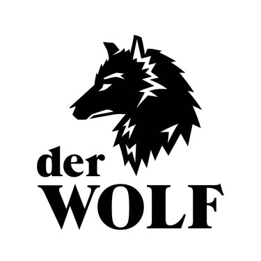 Schwarz-weißes Logo mit Wolfskopf und Schriftzug 'der Wolf'.