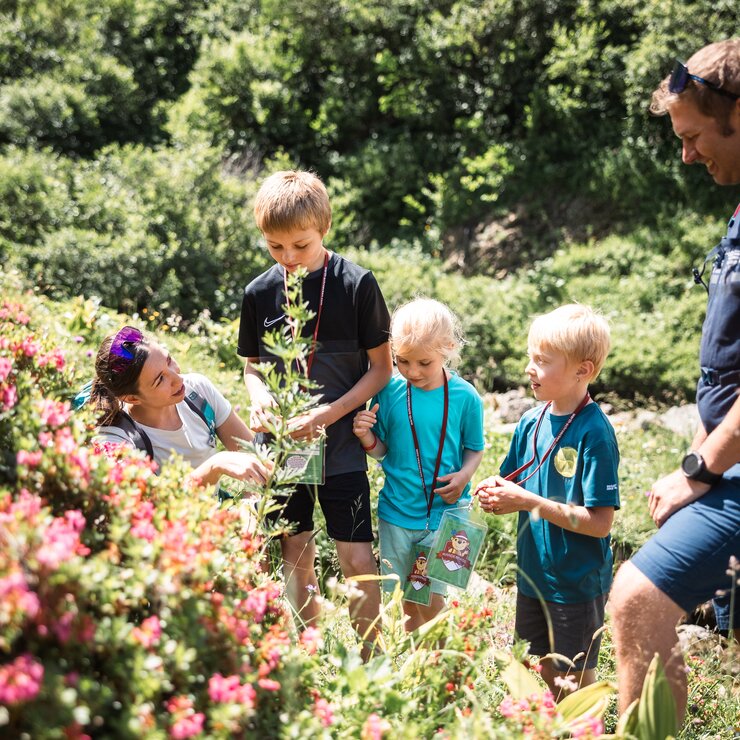 Eine Gruppe von Kindern und Erwachsenen beobachtet Pflanzen im Freien.
